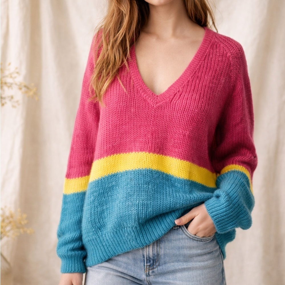 Vintage 90s Colorblock V Neck Sweater Pink Teal Yellow Slouchy Medium